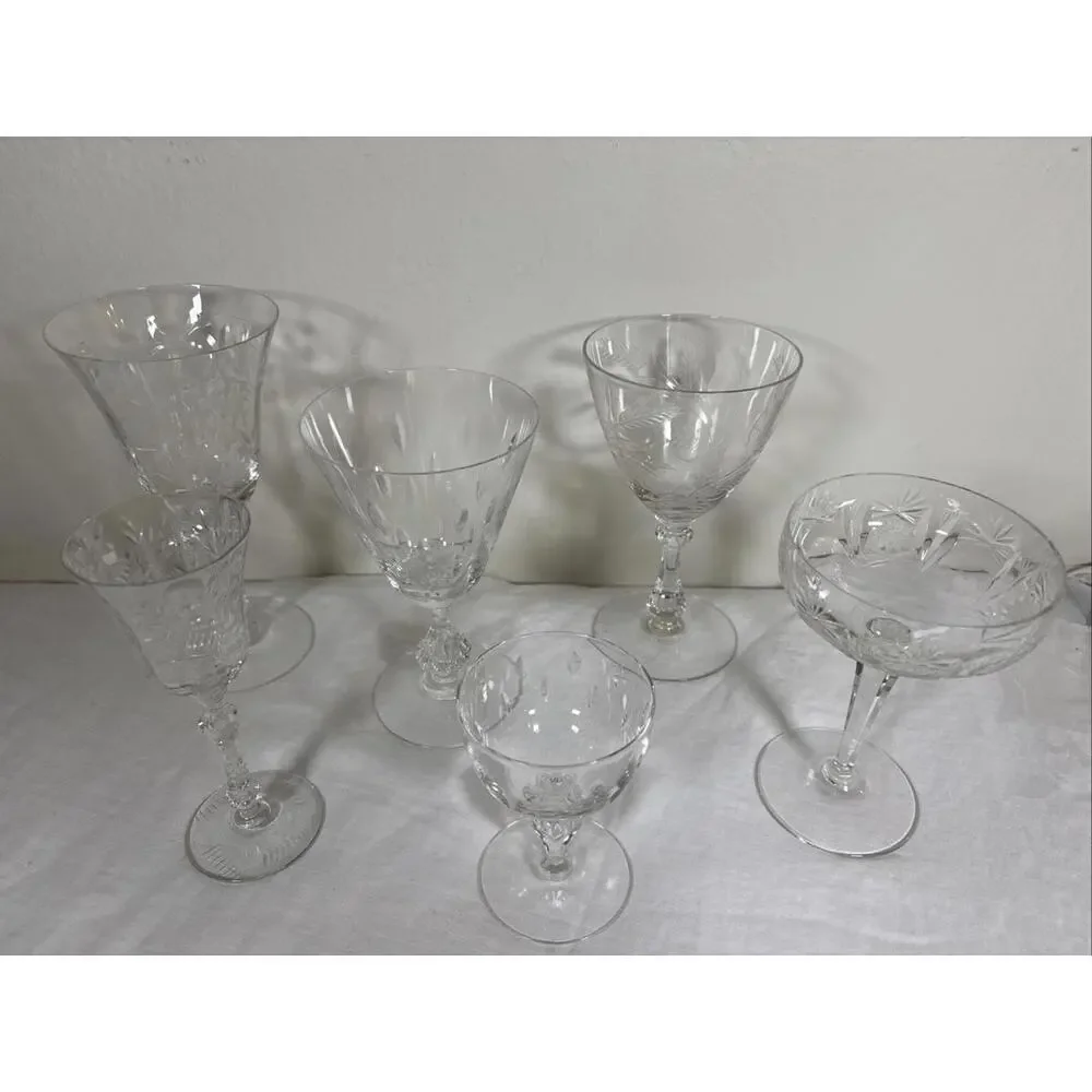Vintage Etched Crystal Wine & Cocktail Glasses – Set of 6 Mismatched Lot